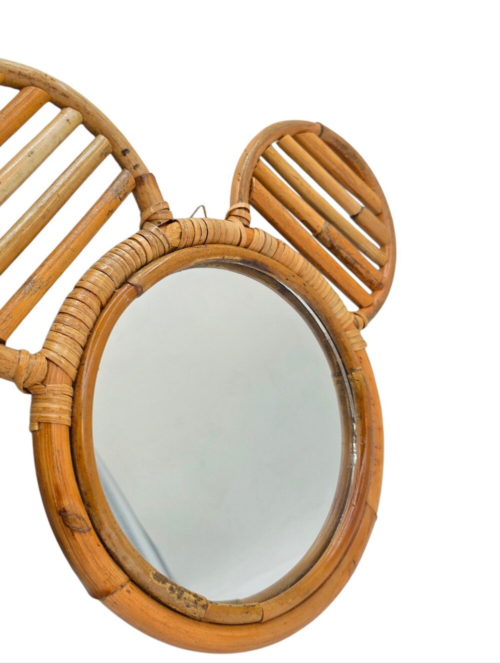 Round Brown Rattan Framed Wall Mirror Mouse Ear Design Wall Mounted